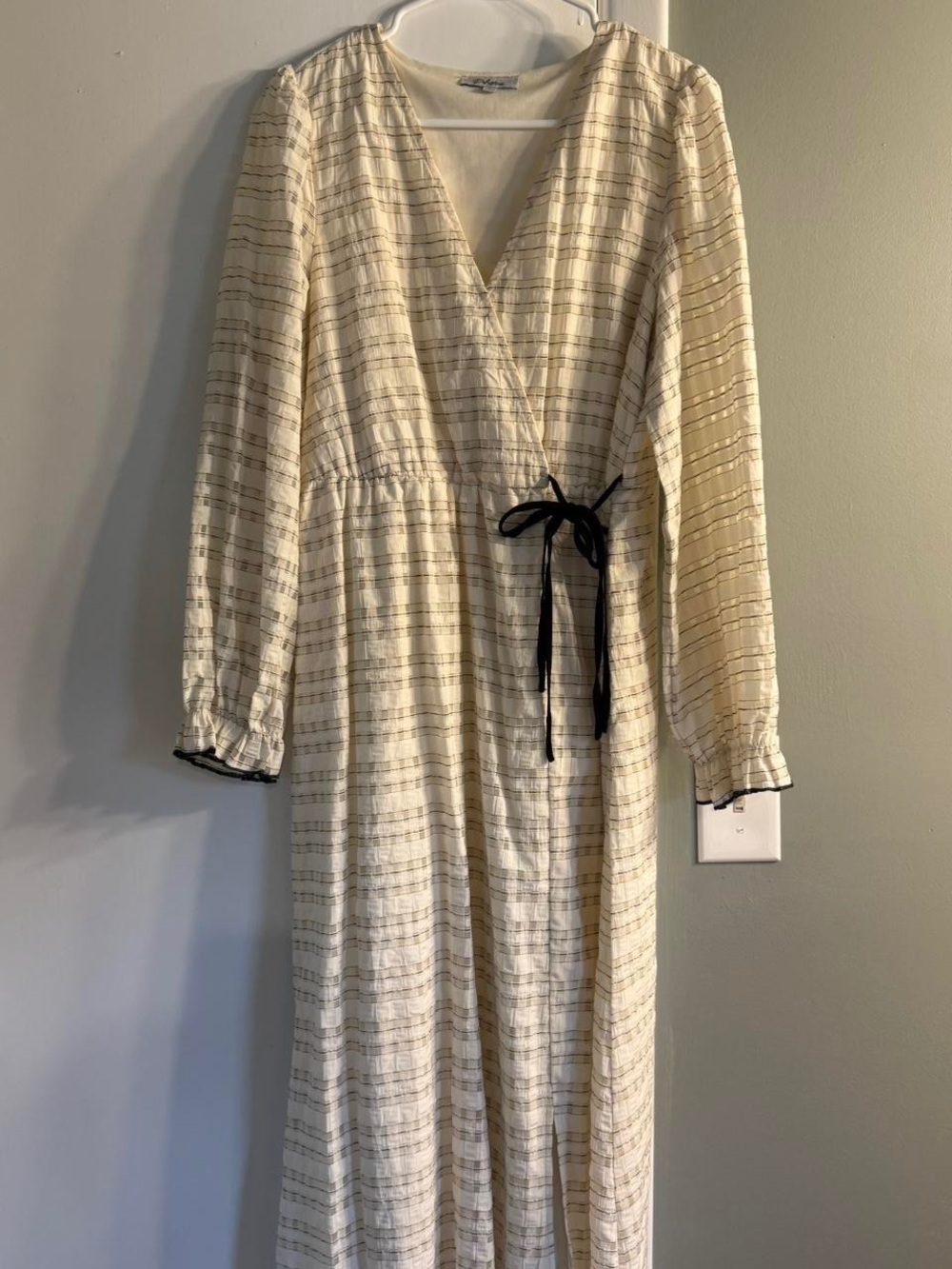 Dapper Boi Cream Striped Backless Wrap Maxi Dress with Black Tie